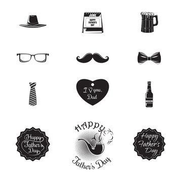 Fathers Day icons set and lettering collection. Black-and-white logo and greeting inscriptions. Happy Father's Day. Vector illustration