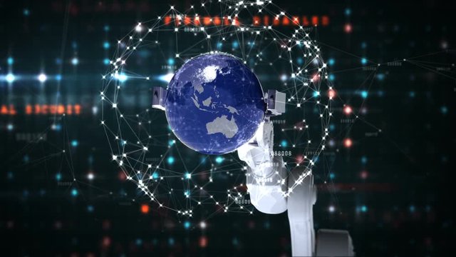 Robotic hand presenting globe against binary code background