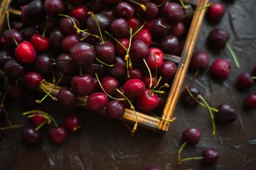 Wooden box of fresh cherries