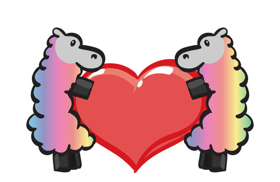 Two Rainbow Ewes holding a rainbow heart