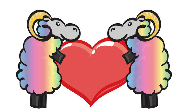 Two Rainbow Rams holding a rainbow heart