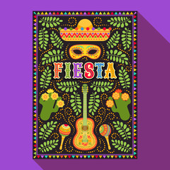 Fiesta postcard, cactus, sombrero, maraca, guitar