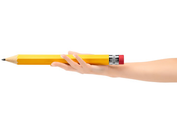 big pencil in a woman's hand