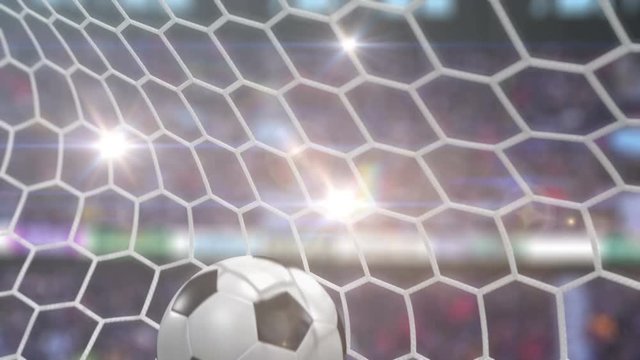 Soccer Ball Flies into the Goal with Camera Flashes. Beautiful 3d Animation in Slow Motion, 4K. 