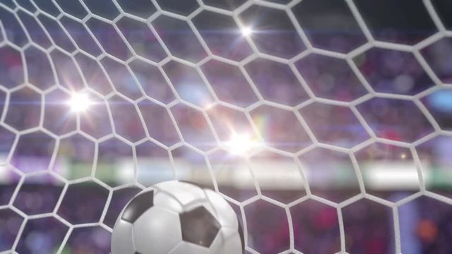 Soccer Ball Flies into the Goal with Camera Flashes. Beautiful 3d Animation in Slow Motion, 4K. 