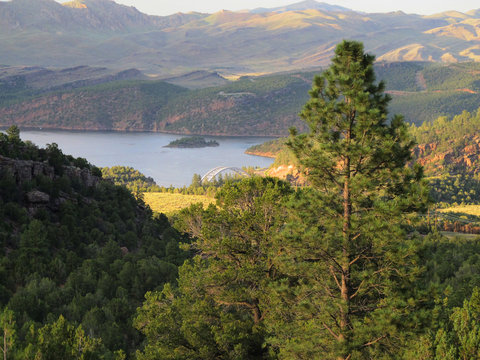 Southern Shore of Flaming Gorge Reservoir and Bridge of US Highway 191 Going to Dutch John, Utah Near Wyoming Border