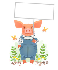 Cute pig holding sign