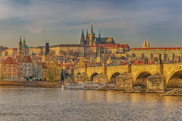 Fototapeta na wymiar Prague Charles bridge & cathedral in sunset