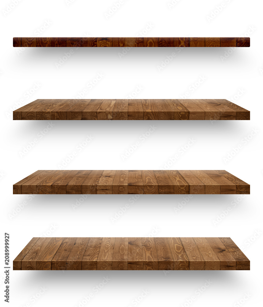 Wall mural wooden shelf isolated on white background with clipping path