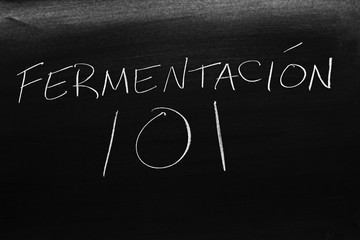 Obraz premium The words Fermentación 101 on a blackboard in chalk. Translation: Fermentation 101