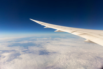 Fototapeta premium Wing of airplane with blue sky background.