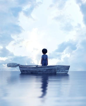 boy standing on an old wooden rowboat in the sea,3d illustration