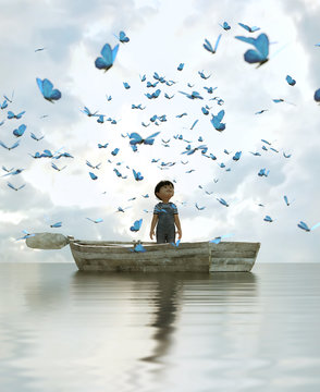 boy standing on an old wooden rowboat in the sea and looking to a flock butterflies flying above the sky,3d illustration
