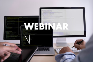 WEBINAR hand on table use E-business Browsing Connection in computer, coffee, Split tone