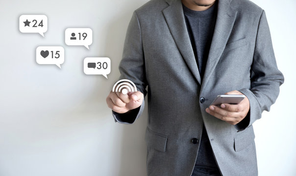 Contact us  sms media man use  smart phone social media network pop notification icons