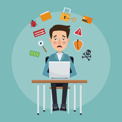 Man with laptop hacked cartoon vector illustration graphic design