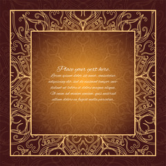 Vintage border Lace invitation card Brown mandala Glowing card.