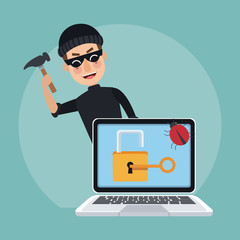 Hacker with hammer and laptop vector illustration graphic design