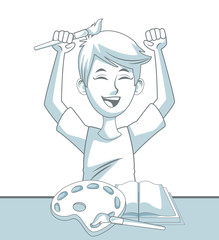 Happy student boy with school elements cartoons vector illustration graphic design