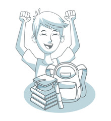 Happy student boy with school elements cartoons blue and white vector illustration graphic