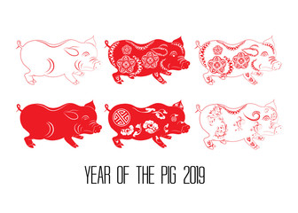 Red cut pig zodiac isolate on white background. Year of the pig
