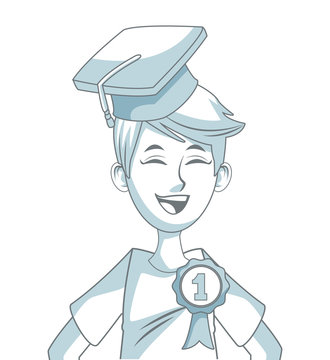 Happy student boy with school elements cartoons blue and white vector illustration graphic