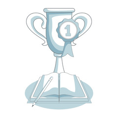 Book open with trophy cup blue and white vector illustration graphic