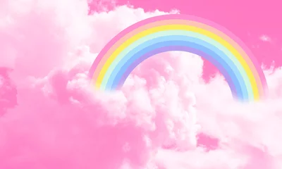 Selbstklebende Fototapeten Cotton candy sky pink background illustration, rainbow in the clouds. © Slanapotam
