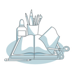 Book open with scissors and pens blue and white vector illustration graphic