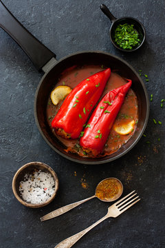 Red peppers stuffed with meat and rice