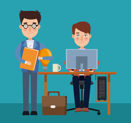 Businessman working with employeer at computer vector illustration graphic design