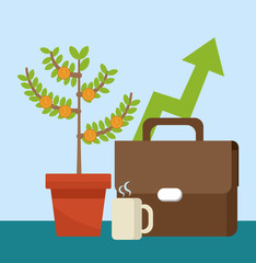 Briefcase and money plant with coffee cup vector illustration graphic design