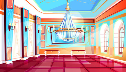 Ballroom with big chandelier vector illustration of palace hall with columns and tile floor. Flat cartoon royal ball room interior background with candelabra lamps on pillars, mirror and benches