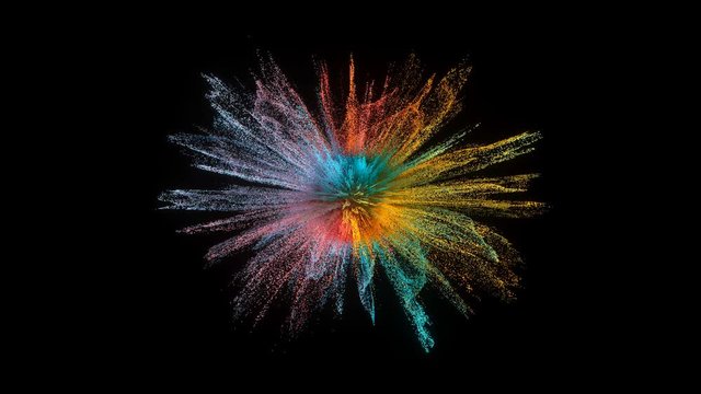 Animation of yellow multicolor particles explosion. Slow motion movement. 4k. 3840x2160