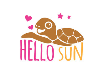 hello sun with turtle summer theme vector logo design template