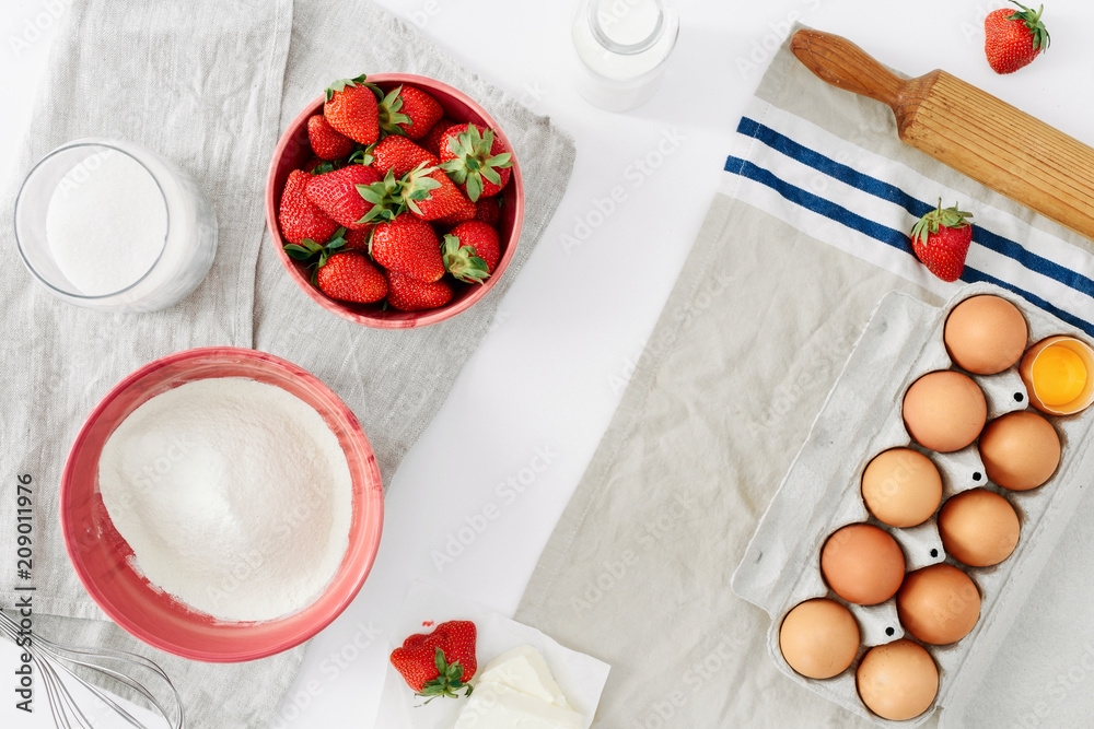 Aufkleber frame set ingredients cooking strawberry pie cake white background flat lay top view eggs flour milk