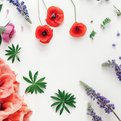 Frame made wildflowers poppy amaryllis peonies white background top view