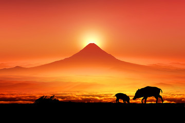 Fototapeta na wymiar 富士山の日の出とイノシシのシルエット 