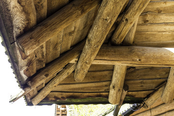 The design of the wooden roof. All elements are wooden. Traditional construction in Europe.