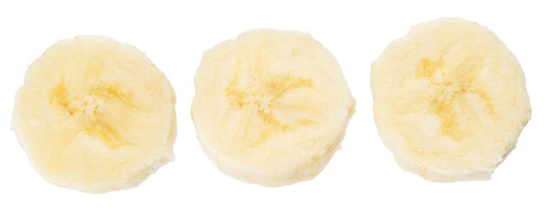 Peeled banana slices on the white background.