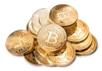 Shiny physical bitcoins isolated on white background. Blockchain technology.