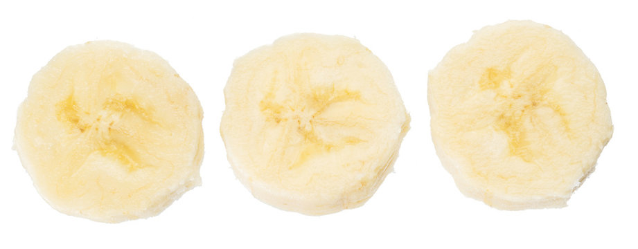 Peeled banana slices on the white background.
