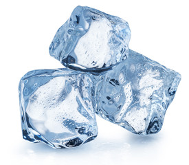 Three ice cubes with water drops.  Clipping path.