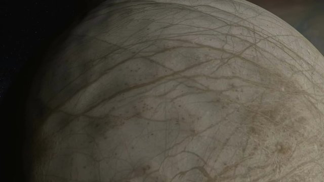 Flying over the moon Europa. Europa orbiting planet Jupiter. Satellite view.