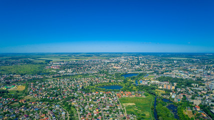 city at sunset from the drone