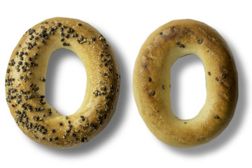 Closeup bagel with poppy seeds.Front and back. Snack in Europe.Isolated photo on the white background for the site about the kitchen,food, traditions.