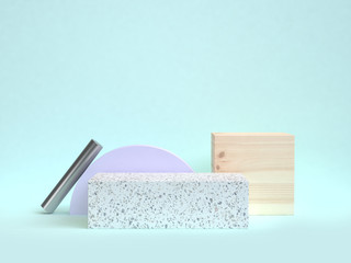 3d rendering blue scene wood cube marble texture shape