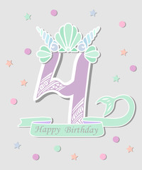 Vector illustration Number Four with Mermaid tail and Shell Crown. Template for Mermaid style birthday, party invitation, greeting card. Cute Number Four as logo, patch, sticker.