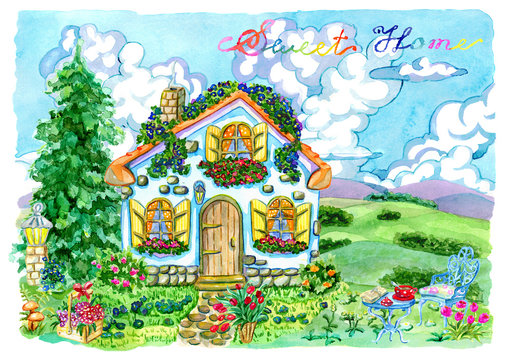 Beautiful cottage with garden furniture, flowers and conifer. Vintage country background with summer rural landscape, garden and cute house, hand painted watercolor illustration 