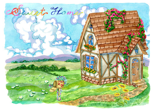 Summer landscape with fachwerk cottage, post box, green field, sky with clouds and lettering. Vintage country background with summer rural landscape, garden and cute house,watercolor illustration